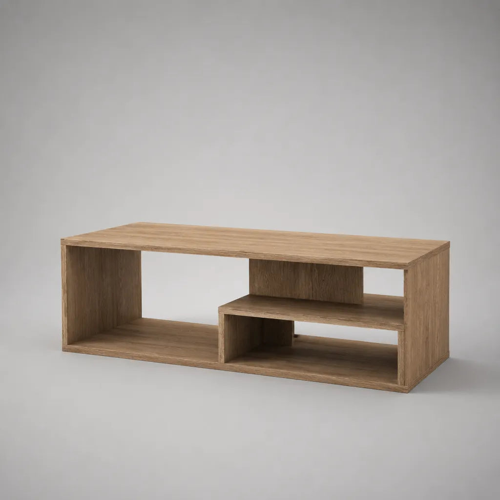 Rechteckiger Couchtisch aus Spanplatte mit offenen Ablagefächern, Eiche Natur, 120 x 50 x 45 cm