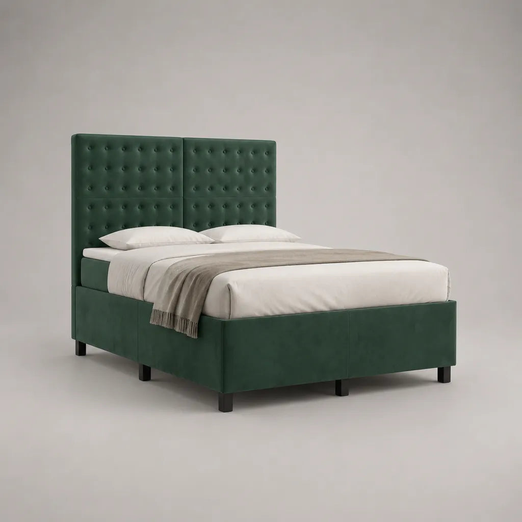 Polsterbett Doppelbett mit Polyestersamtbezug und Knopfheftung, Dunkelgrün, Liegefläche 160 × 200 cm, Außenmaß 216 × 174 × 135 cm