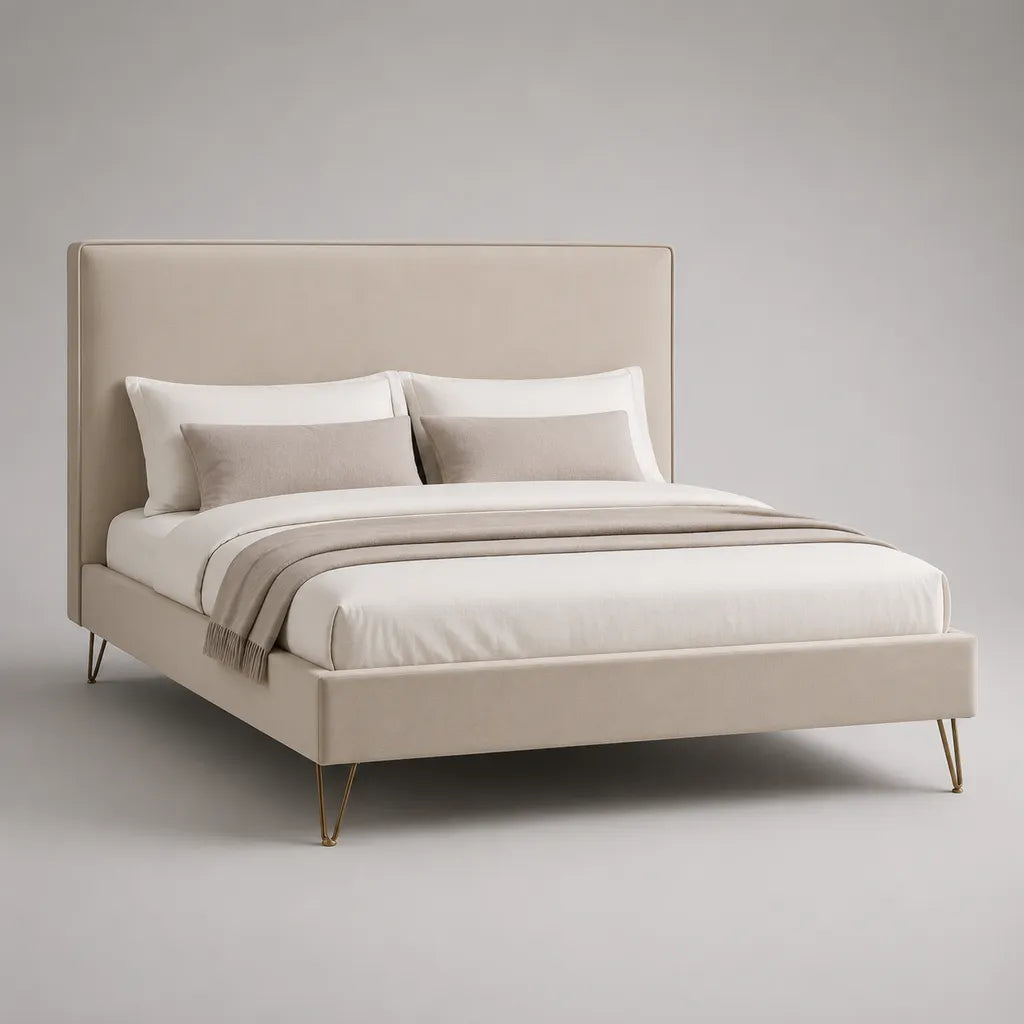 Polsterbett Doppelbett mit Polyesterbezug, hohem Kopfteil und Stahlbeinen, Beige/Goldfarben, 160 x 200 cm