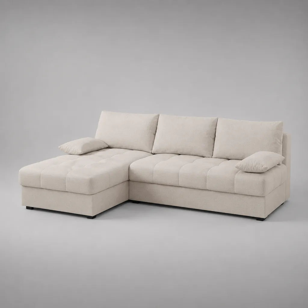 Ecksofa mit Ottomane links, 3-Sitzer in L-Form, Polyesterbezug, Cremeweiß, 255 × 160 × 88 cm