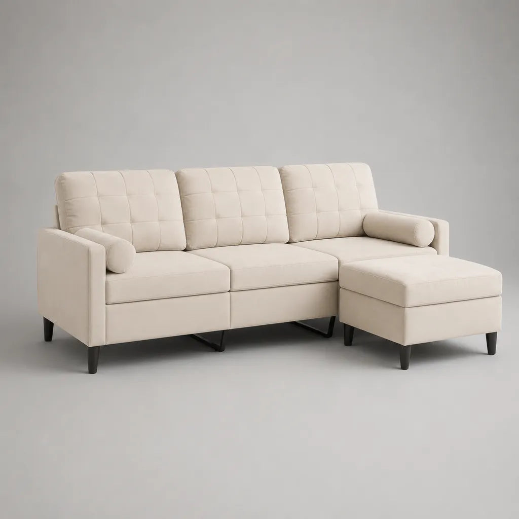 Ecksofa-Set, 3-Sitzer mit Hocker, Polyester-Mikrofaser, L-Form, Creme/Schwarz, 198 × 135 × 86 cm