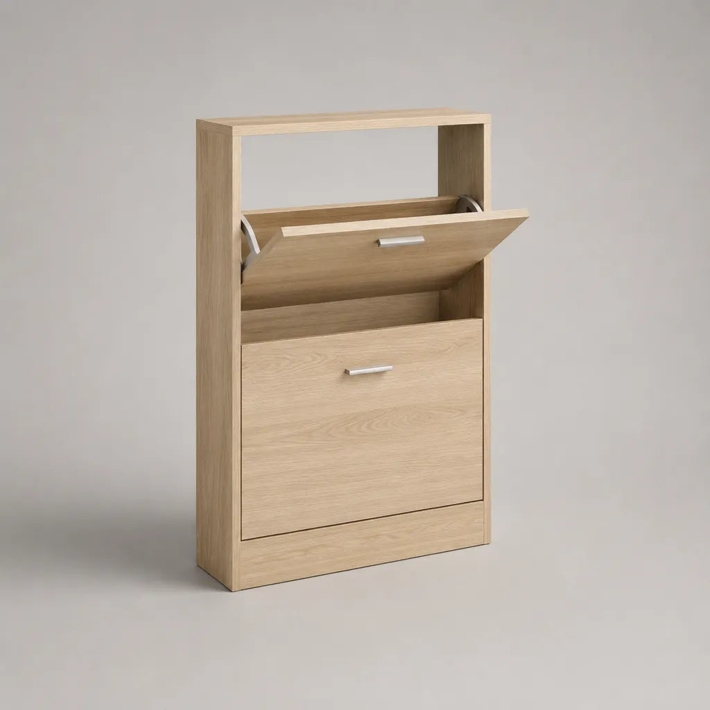 Schuhschrank aus Spanplatte mit 2 Kippklappen und offenem Ablagefach, Eiche hell, 60 × 24 × 120 cm