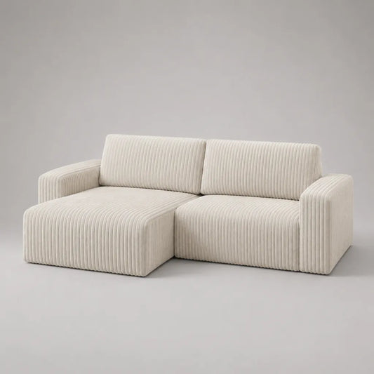 Ecksofa mit Recamiere links, Breitcord aus Polyester, Cremeweiß, 220 × 150 × 82 cm