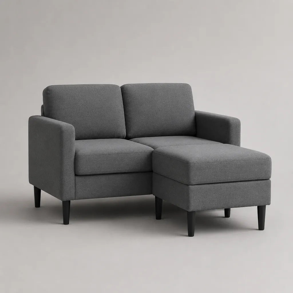 2-Sitzer-Sofa mit Hocker, 2-teilig, Polyesterbezug, Grau und Schwarz, Sofa 145 × 80 × 84 cm, Hocker 65 × 55 × 45 cm