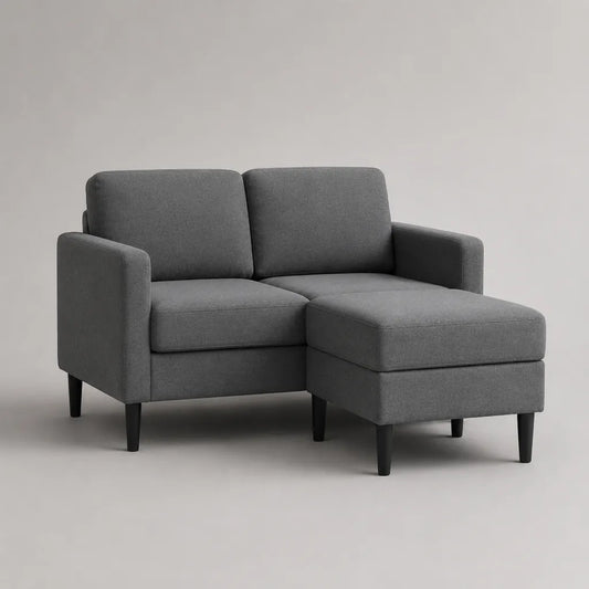2-Sitzer-Sofa mit Hocker, 2-teilig, Polyesterbezug, Grau und Schwarz, Sofa 145 × 80 × 84 cm, Hocker 65 × 55 × 45 cm