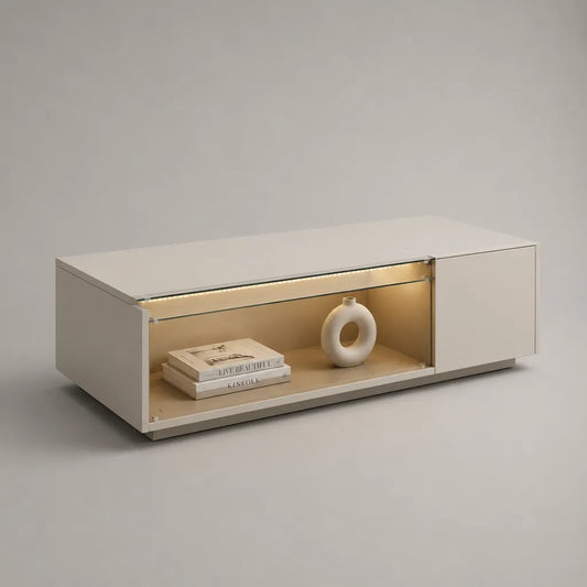 Rechteckiger Couchtisch aus MDF und Glas mit LED-Beleuchtung und Stauraum, Weiß, 120 × 60 × 40 cm