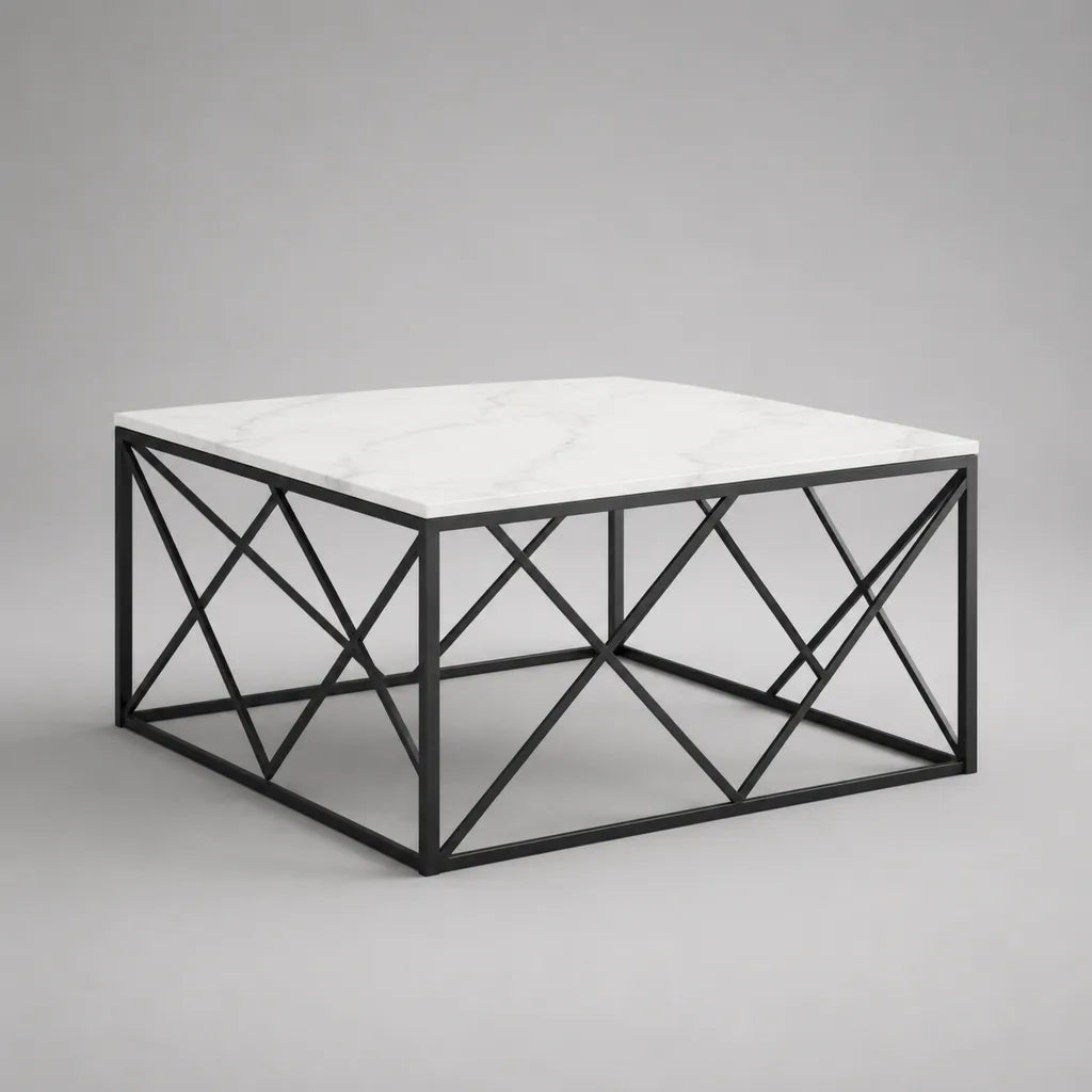 Quadratischer Couchtisch mit MDF-Tischplatte in Marmoroptik und Stahlgestell, Weiß/Schwarz, 80 × 80 × 45 cm