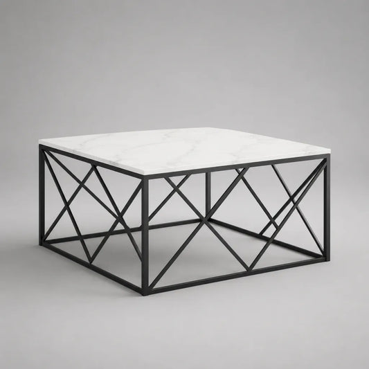 Quadratischer Couchtisch mit MDF-Tischplatte in Marmoroptik und Stahlgestell, Weiß/Schwarz, 80 × 80 × 45 cm