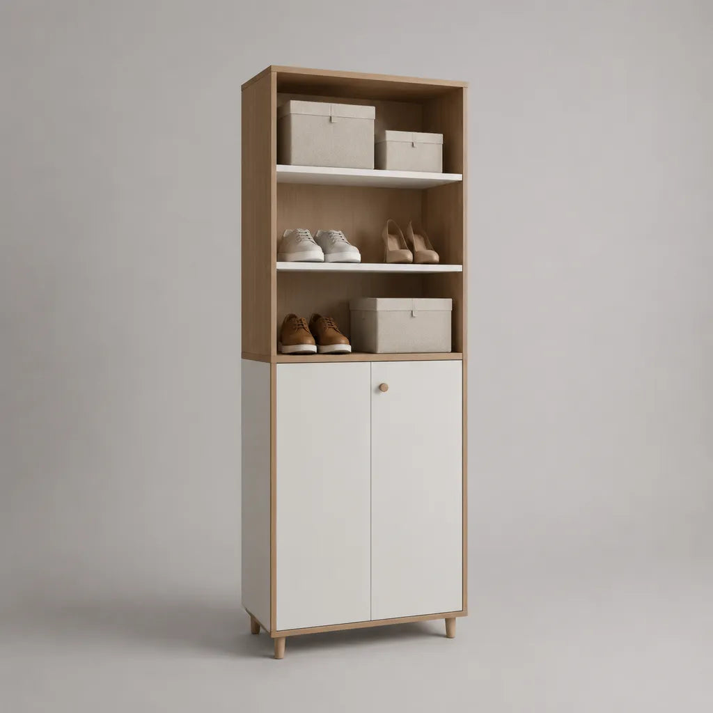 Schuhschrank aus melaminbeschichteter Spanplatte mit 3 offenen Fächern und 2 Türen, Eichefarben und Weiß, 70 × 35 × 180 cm