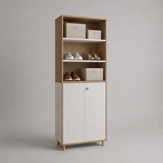 Schuhschrank aus melaminbeschichteter Spanplatte mit 3 offenen Fächern und 2 Türen, Eichefarben und Weiß, 70 × 35 × 180 cm