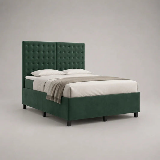 Polsterbett Doppelbett mit Polyestersamtbezug und Knopfheftung, Dunkelgrün, Liegefläche 160 × 200 cm, Außenmaß 216 × 174 × 135 cm