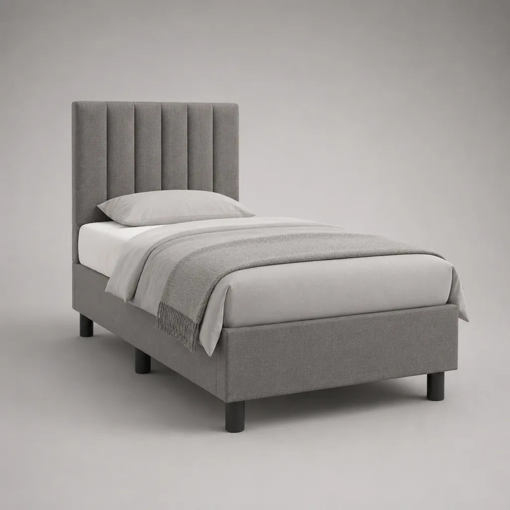 Graues Polsterbett mit Lattenrost, Einzelbett 90 x 200 cm, Gesamtmaß 99 x 212 x 112 cm