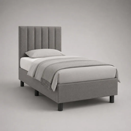 Graues Polsterbett mit Lattenrost, Einzelbett 90 x 200 cm, Gesamtmaß 99 x 212 x 112 cm