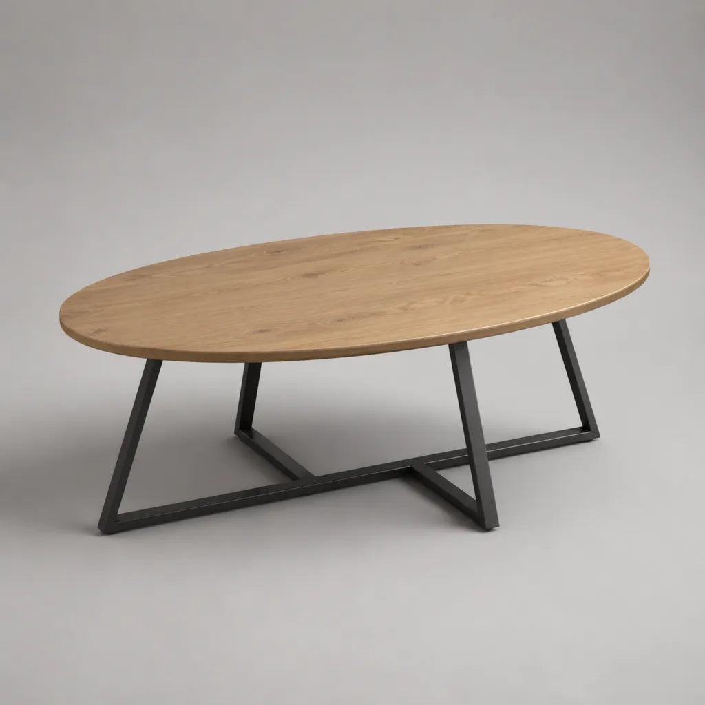 Ovaler Couchtisch aus MDF mit Eichenfurnier und Stahlgestell, Eiche natur/Schwarz, 120 × 60 × 45 cm