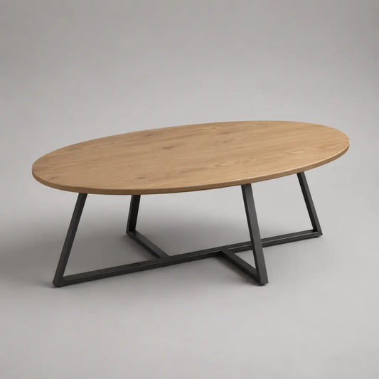 Ovaler Couchtisch aus MDF mit Eichenfurnier und Stahlgestell, Eiche natur/Schwarz, 120 × 60 × 45 cm