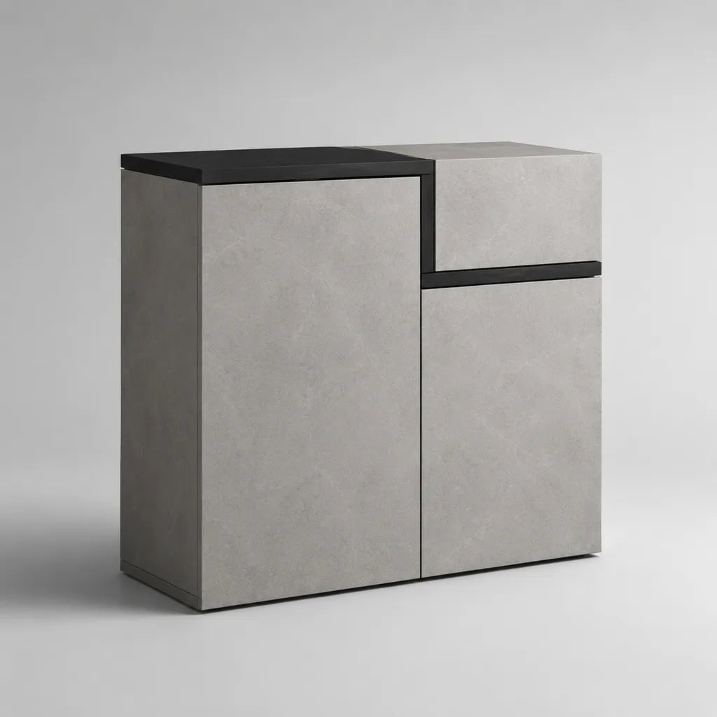 Schuhschrank mit 2 Türen und Schublade aus melaminbeschichteter Spanplatte, Betonoptik Grau und Schwarz, 100 × 35 × 110 cm