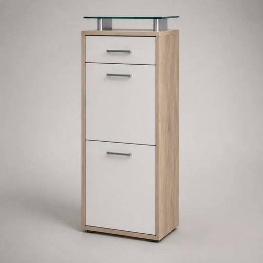 Schuhschrank aus Spanplatte und Glas mit 2 Klappen und Schublade, Sonoma Eiche/Weiß, 52 × 27 × 132 cm