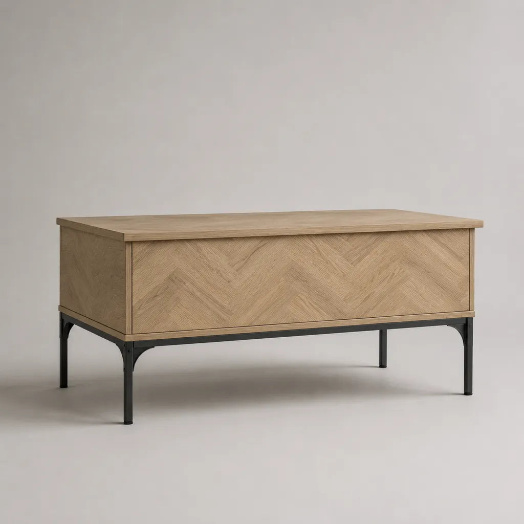 Couchtisch mit Stauraum aus MDF mit Eichenfurnier und Stahlgestell, Natureiche/Schwarz, 100 × 50 × 52 cm