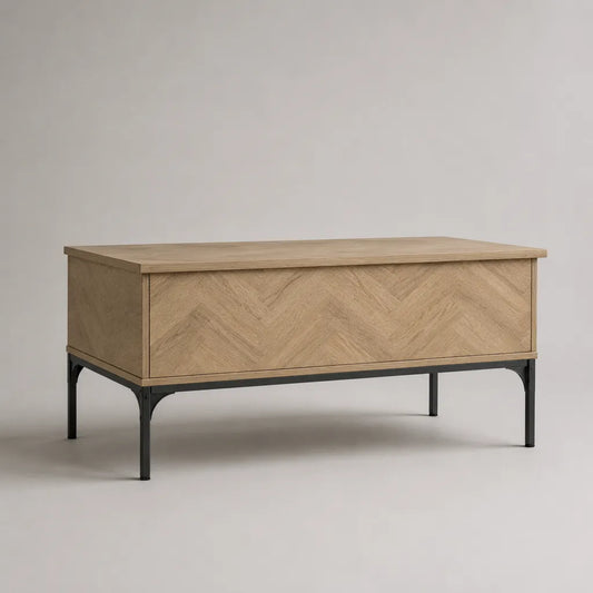Couchtisch mit Stauraum aus MDF mit Eichenfurnier und Stahlgestell, Natureiche/Schwarz, 100 × 50 × 52 cm