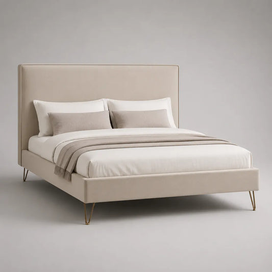 Polsterbett Doppelbett mit Polyesterbezug, hohem Kopfteil und Stahlbeinen, Beige/Goldfarben, 160 x 200 cm