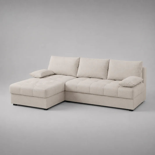 Ecksofa mit Ottomane links, 3-Sitzer in L-Form, Polyesterbezug, Cremeweiß, 255 × 160 × 88 cm