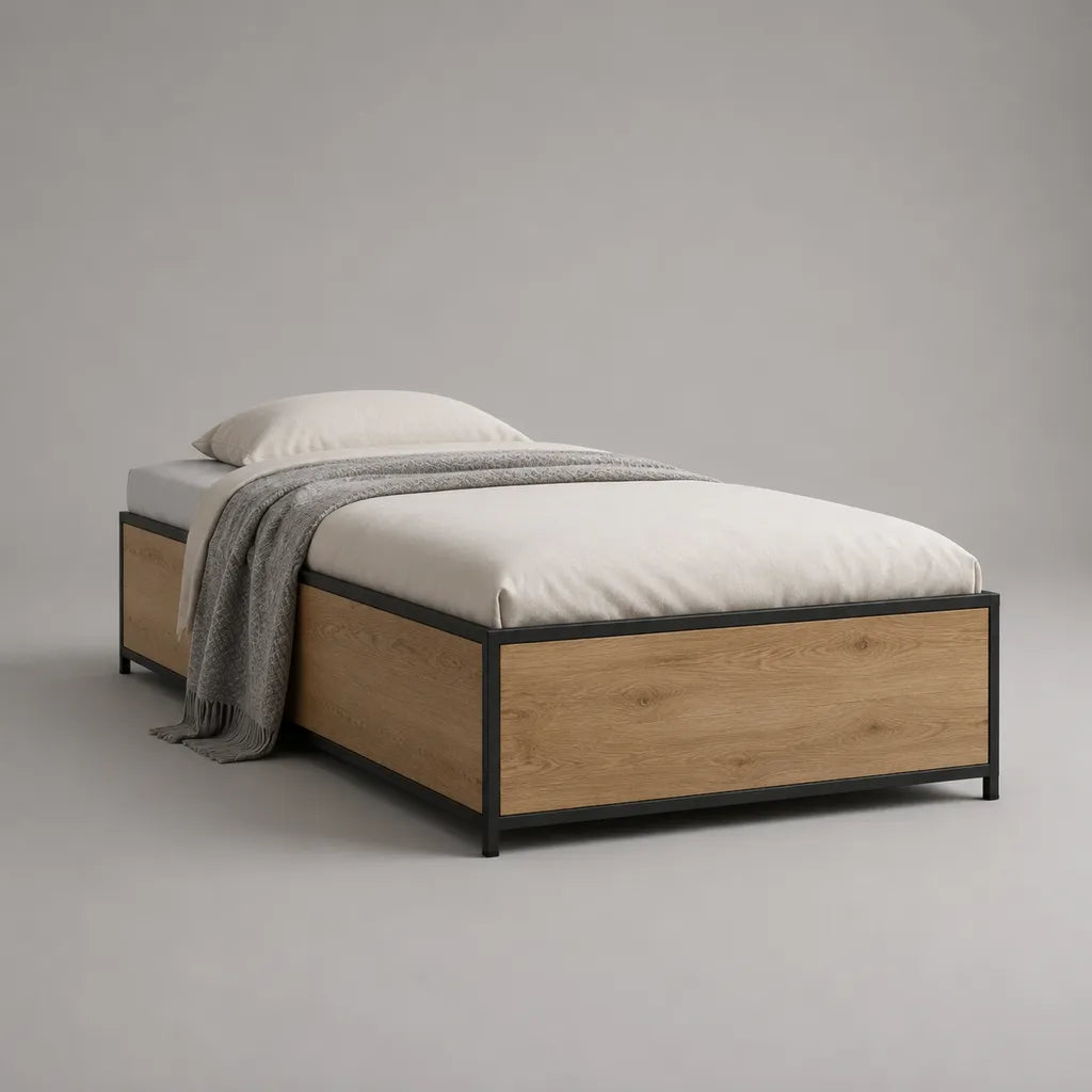 Einzelbett-Bettgestell 90 × 200 cm aus Stahl und melaminbeschichteter Spanplatte, Eichefarben und Schwarz, 206 × 96 × 60 cm