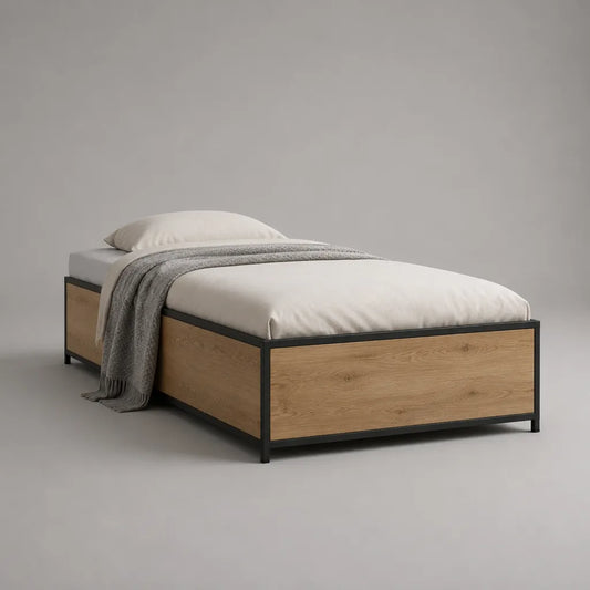 Einzelbett-Bettgestell 90 × 200 cm aus Stahl und melaminbeschichteter Spanplatte, Eichefarben und Schwarz, 206 × 96 × 60 cm