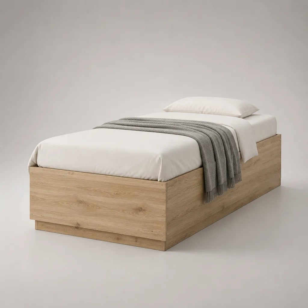 Einzelbett-Bettgestell aus melaminbeschichteter Spanplatte, Eichefarben, Liegefläche 90 x 200 cm, Gesamtmaß 204 x 96 x 50 cm